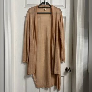 Eileen Fisher Long Open Knit Cardigan Linen Blend Large Sheer Beige